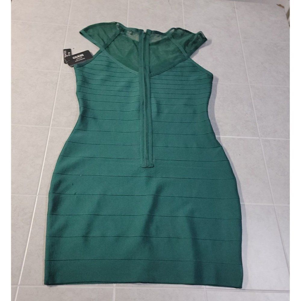 Guess Womens Green Cap Sleeve Sheer Neck Back Zip Short Bodycon Dress Medium - Picture 9 of 9
